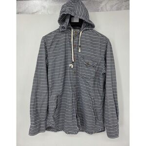 Lucky Brand Long Sleeve Hooded Shirt Mens Size Large Blue Striped Button Up READ